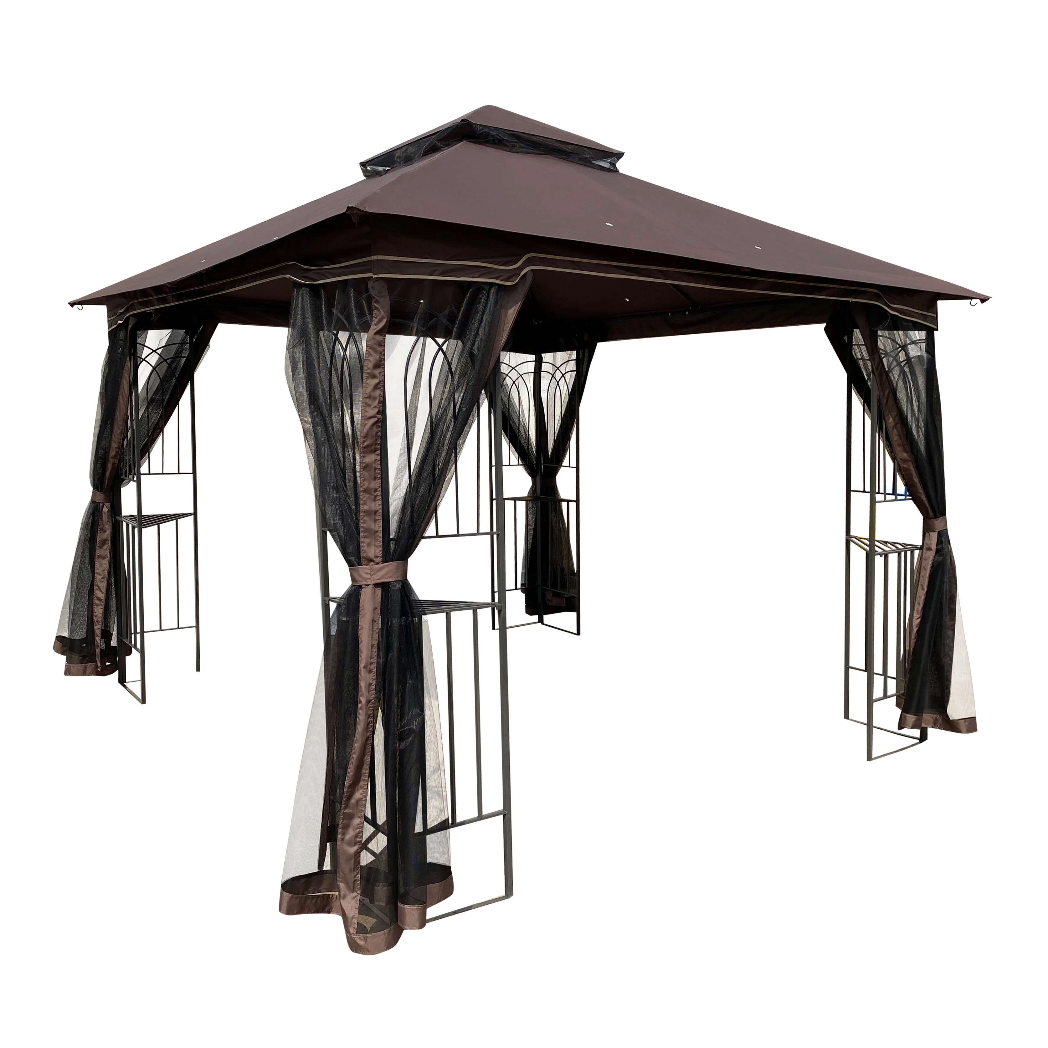 Dcenta 10x10 Outdoor Patio Gazebo Canopy Tent With Ventilated Double Roof And Mosquito net(Detachable Mesh Screen On All Sides),Suitable for Lawn, Garden, Backyard and Deck,Brown