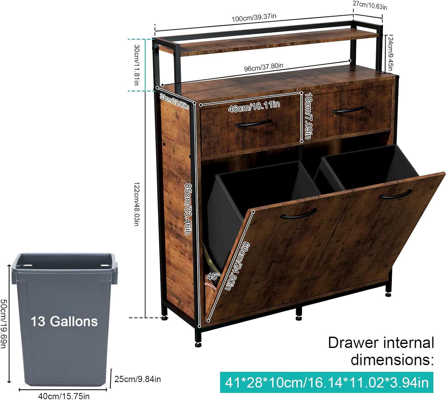 Dual Tilt Out Trash Cabinet, Hidden Trash Bin Cabinet with 2 Drawers and Shelf, Large Kitchen Trash Bin Cabinet MDF board, Laundry Hamper Cabinet Free Standing Holder 10 Gallon