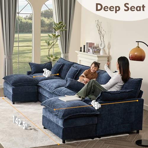 108" U Shaped Couch, Modular Sectional Sofa, 3-Seater Comfy Cloud Couch with Movable Ottoman, Deep Seat Couches for Living Room, Chenille, Black