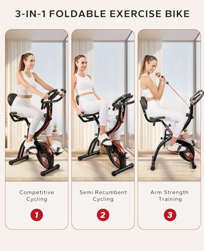 HAPBEAR Folding Exercise Bike Magnetic Foldable Stationary Bike, 3 in 1 Mode Indoor Upright Fitness Workout X-Bike with 8-Level Resistance and Arm Resistance Band, Pulse Sensor,LCD Monitor