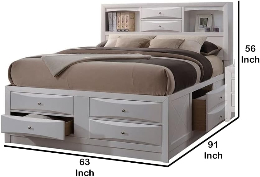 Benjara Contemporary Style Queen Size Wooden Storage Bed with Eight Spacious Drawers, White,