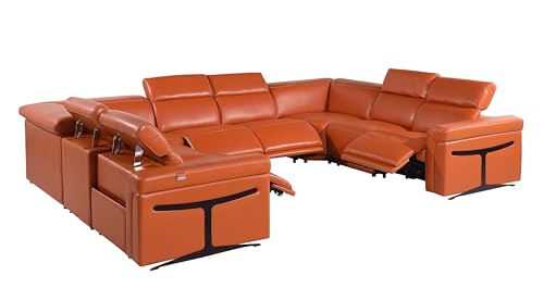Riccardo 8-Piece Italian Leather U Shaped Sectional Couch with 4-Power Reclining Sofa Seats, Adjustable Headrests, and USB Chargers, Wall Hugger for Small Spaces, Dark Grey