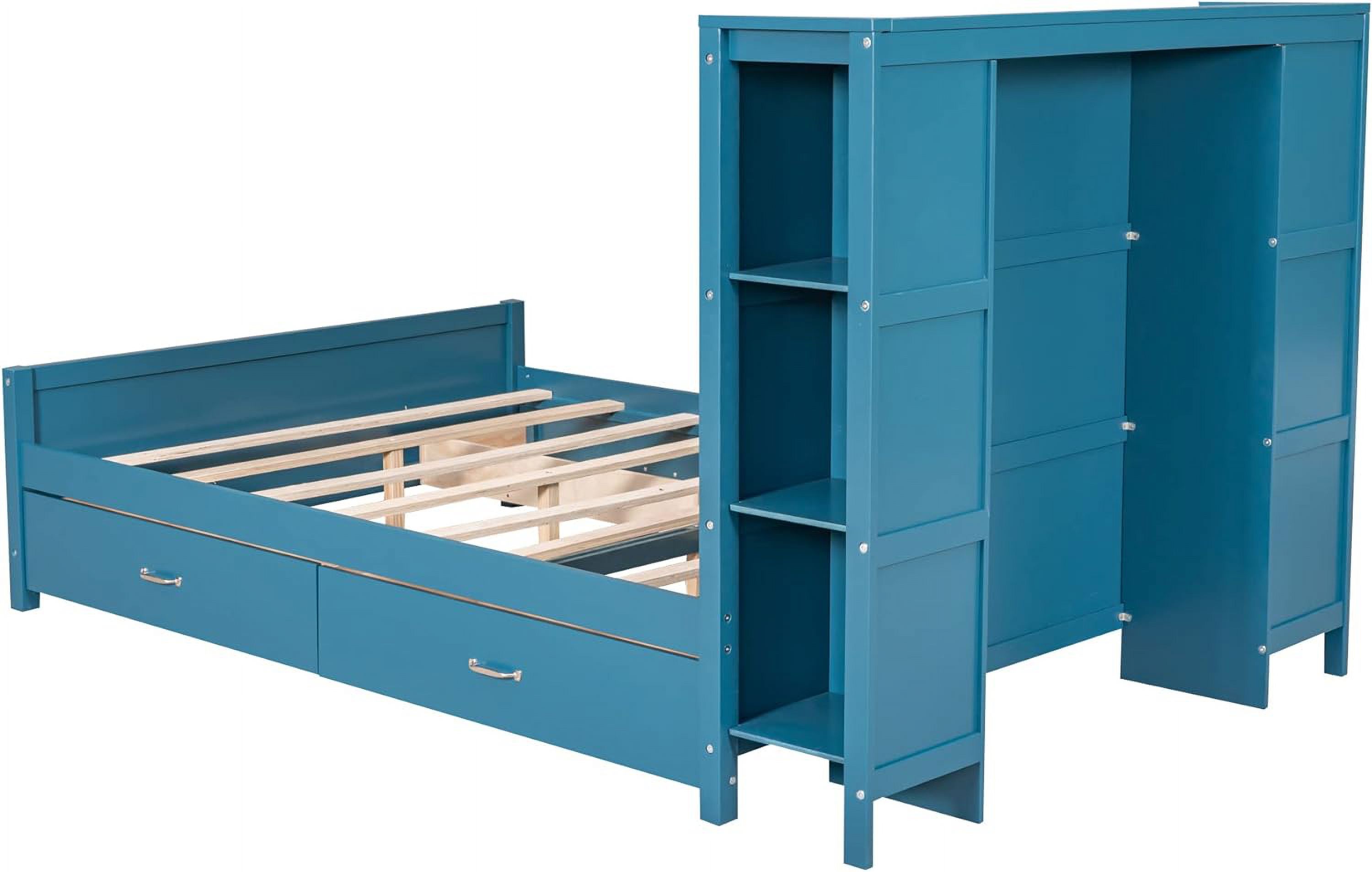 Full Size Platform Bed With Storage Drawer And Shelves,Wooden Full Bed Frame With Headboard And Footboard For Kids, Teens, Adults(Blue)