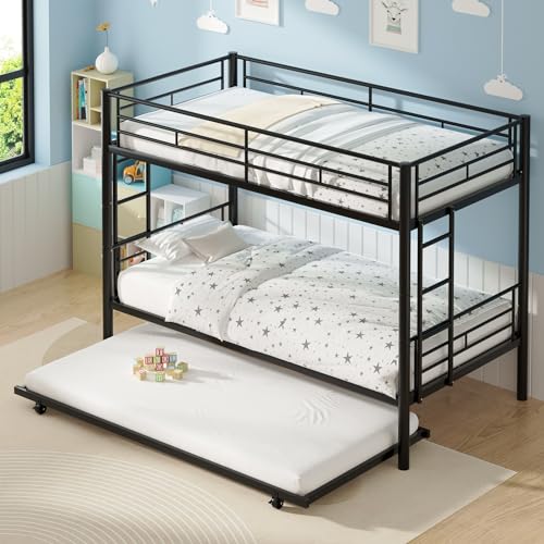 VECELO Metal Loft Bed Twin Size, Heavy Duty Bedframe with Removable Ladder and Safety Guardrail, Space-Saving, Noise Free, No Box Spring Needed, Off White