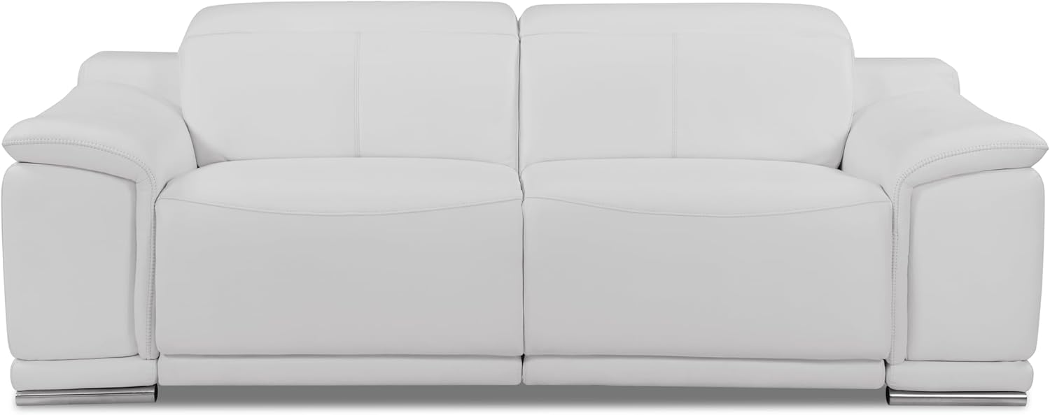 Global United 87 Inch Genuine Italian Leather Power Reclining Sofa, Top Grain Leather, Kiln-Dried Hardwood Frame, Stainless Steel Chrome Legs, White