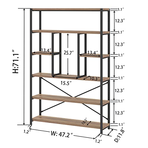 LVB Industrial Tall Bookshelf, Modern Wood Metal 6 Tier Book Shelf, Farmhouse Large 6 Shelf Etagere Bookcase, Open Wide Storage Bookshelves and Bookcases for Bedroom Living Room Office, Dark Gray Oak