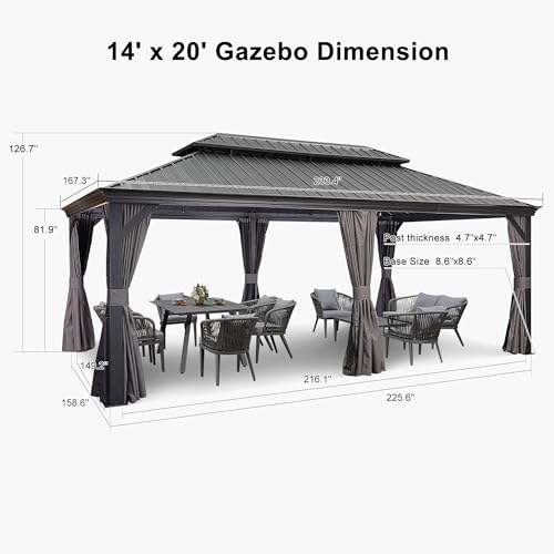 PURPLE LEAF 10' X 14' Permanent Hardtop Gazebo Aluminum Gazebo with Galvanized Steel Double Roof for Patio Lawn and Garden, Curtains and Netting Included, Grey
