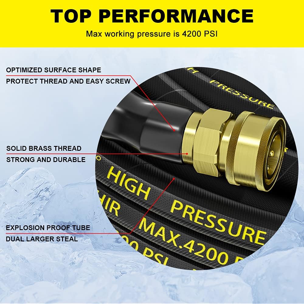 POHIR Pressure Washer Hose 70 ft with 3/8 Quick Connect, High Tensile Wire Braided Kink Resistant Pressure Washer Hose 4200 PSI, with 2pcs M22 14mm Quick Connect 3/8 Multi-Scene Use Pack of 2