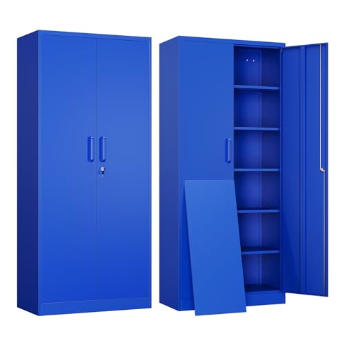 Yizosh Metal Garage Storage Cabinet with 2 Doors and 5 Adjustable Shelves - 71" Steel Lockable File Cabinet,Locking Tool Cabinets for Office,Home,Garage,Gym,School (Gray White)