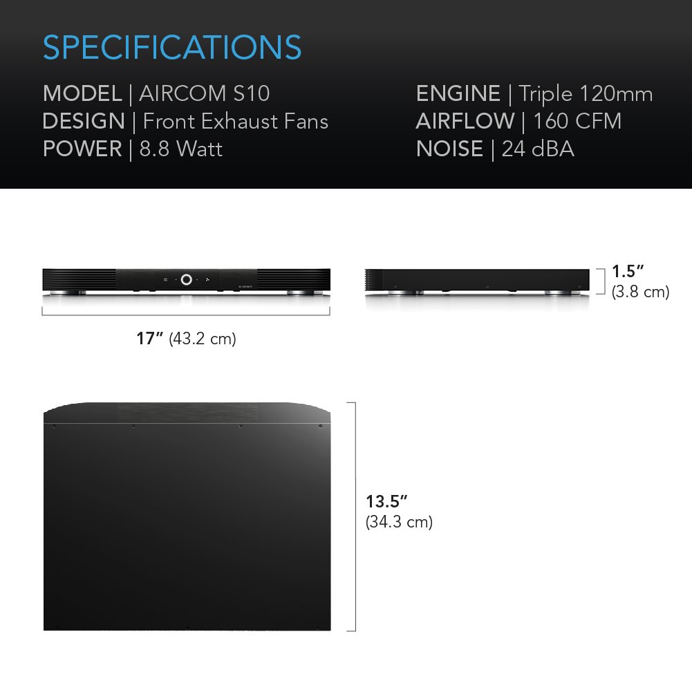 AC Infinity AIRCOM S10, Quiet Cooling Blower Fan System 17" Front-Exhaust for Receivers, Amps, DVR, AV Cabinet Components