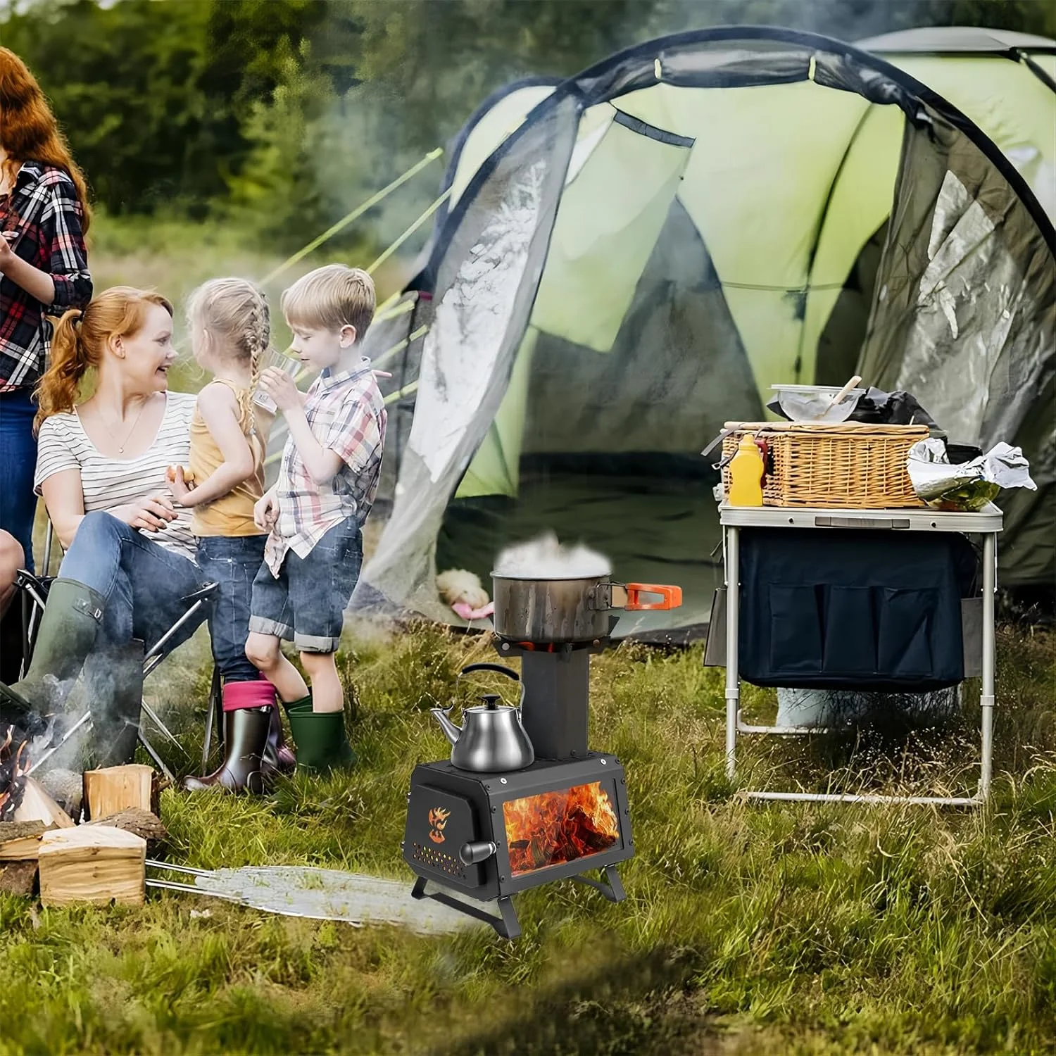 Wood Burning Stove with Fire Window,Portable Hot Tent Stove with 7 Sectional Chimney Pipes,Sturdy Camping Wood Stove with X-shaped Pot Holder for Outdoor Backpacking,Cookout,Hiking and Heating