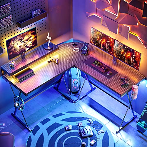 Bestier L Shaped Gaming Desk with LED 55 Inch, Large Monitor Shelf Cup Holder Headset Hook 3 Setup Ways Reversible 72 Inch Long Desk for 2 Persons, Carbon Fiber Black
