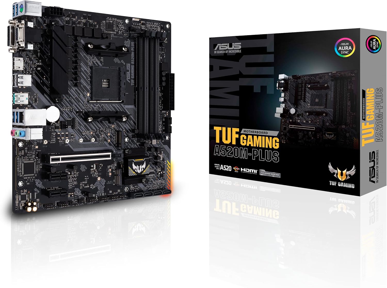 ASUS TUF Gaming A520M-Plus AMD A520 (Ryzen AM4) Micro ATX Motherboard with M.2 Support, 1 Gb Ethernet, HDMI/DVI/D-Sub, SATA 6 Gbps, USB 3.2 Gen 2 Type-A, and Aura Sync RGB Lighting Support,