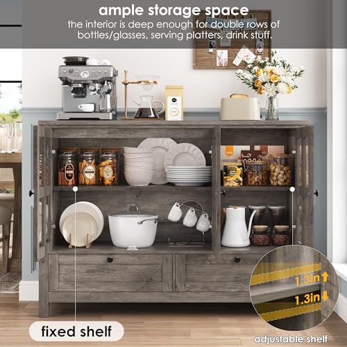 Keyluv Buffet Cabinet Wood/Glass Sideboard Storage Cabinet with 3 Doors and 2 Drawers, 47.2 inches Kitchen Buffet Table for Dining Room, Living Room, Entryway, Rustic
