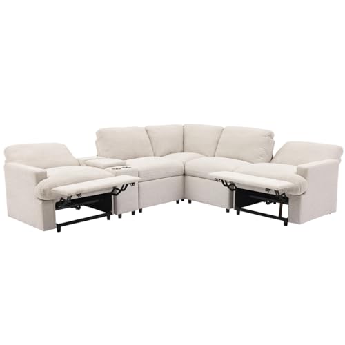 Large Sectional Sofa Couch L-Shaped Recliner Corner Sofa with 2 Power Recliners Storage Box Cup Holders USB Ports and Power Socket, Linen Upholstered Home Theater Reclining Sofa for Living Room, Beige
