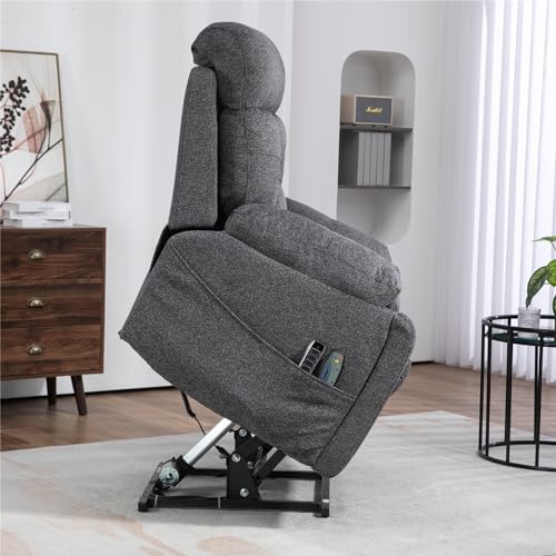 Light Grey Recliner Chair for Elderly | Tall and Big Man 400lbs | Chenille | Power Lift, Lay Flat, Stand Up, Wireless Charging Device, Extended Footrest, Massage Heat, Cup Holder, Lumbar Pillow