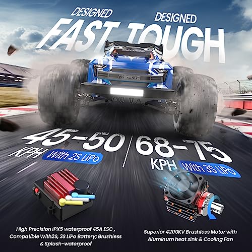 DEERC Fast Brushless RC Car for Adults, Max 70KM/H with 3S(not Included), 1:16 4x4 High Speed RC Truck with 2 Lipo Batteries,All Terrains RC Monster Truck, Off Road Electric Vehicle Gift