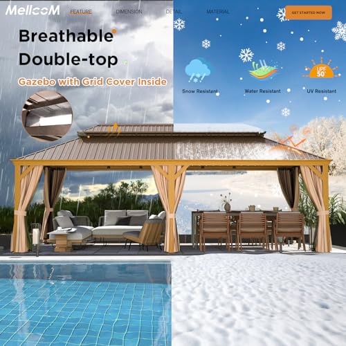 MELLCOM 12'x16' Hardtop Gazebo, Galvanized Steel Metal Double Roof Canopy with Curtains and Netting, Brown Permanent Pavilion Gazebos with Aluminum Frame for Garden, Patio, Lawns, Deck