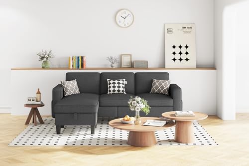 Convertible Sectional Sofa Couch, Beige 3 Seat L-Shaped Sectional Sofa with Storage Ottoman and Pockets, Modern Linen Fabric Upholstered Sofa Furniture Set for Living Room Small Space Bedroom