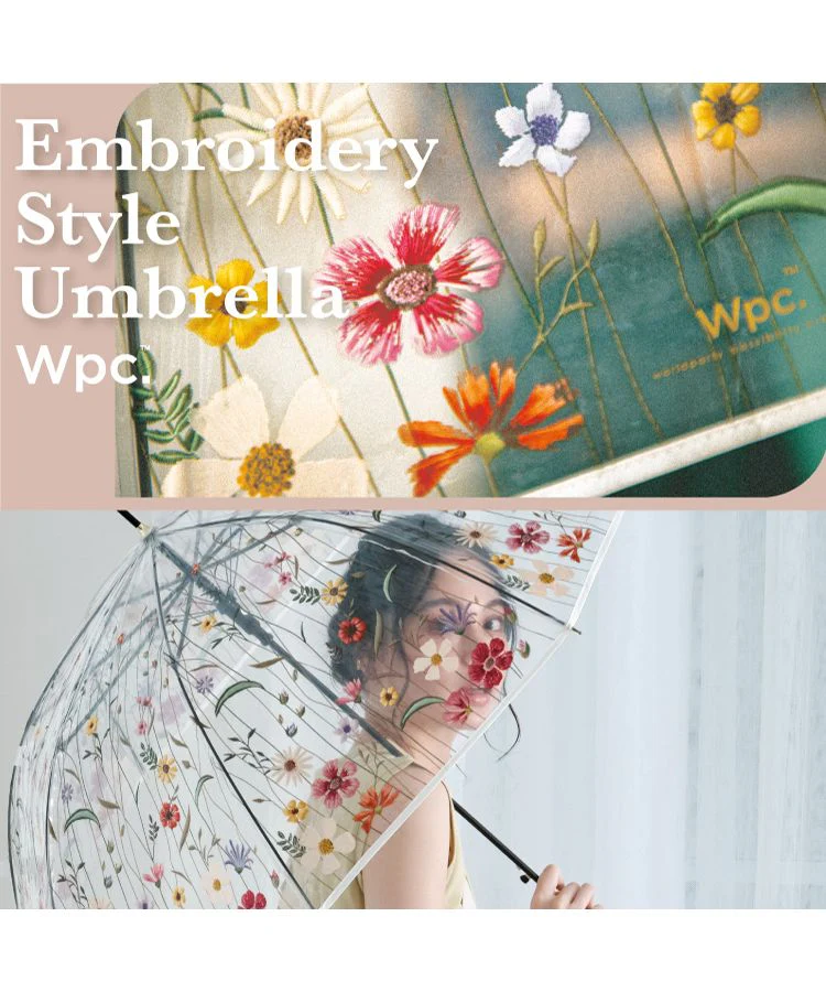 [Wpc. Official] [Vinyl Umbrella] Embroidered Style Umbrella 61cm Jump Umbrella for Ladies Long Umbrella