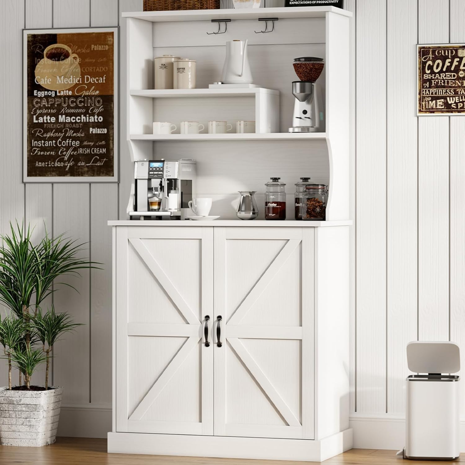 4 EVER WINNER Farmhouse Coffee Bar Cabinet with Hutch & Wine Rack, 73.5” Kitchen Buffet Storage Cabinet with Barn Doors, Adjustable Shelf, Tall Coffee Bar Buffet Cabinet for Dining Room, White