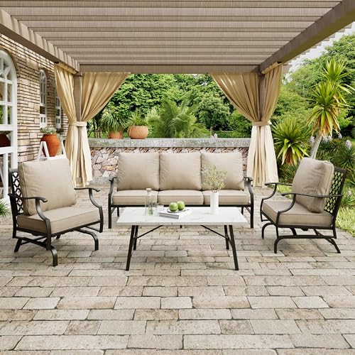Patio Furniture Set 4 pcs, Metal Outdoor Patio Furniture, 3-Seat Sofa, 2 Swivel Chairs, Coffee Table and 5.75" Extra Thick Cushion, Conversation Set for Backyard Deck, Navy Blue