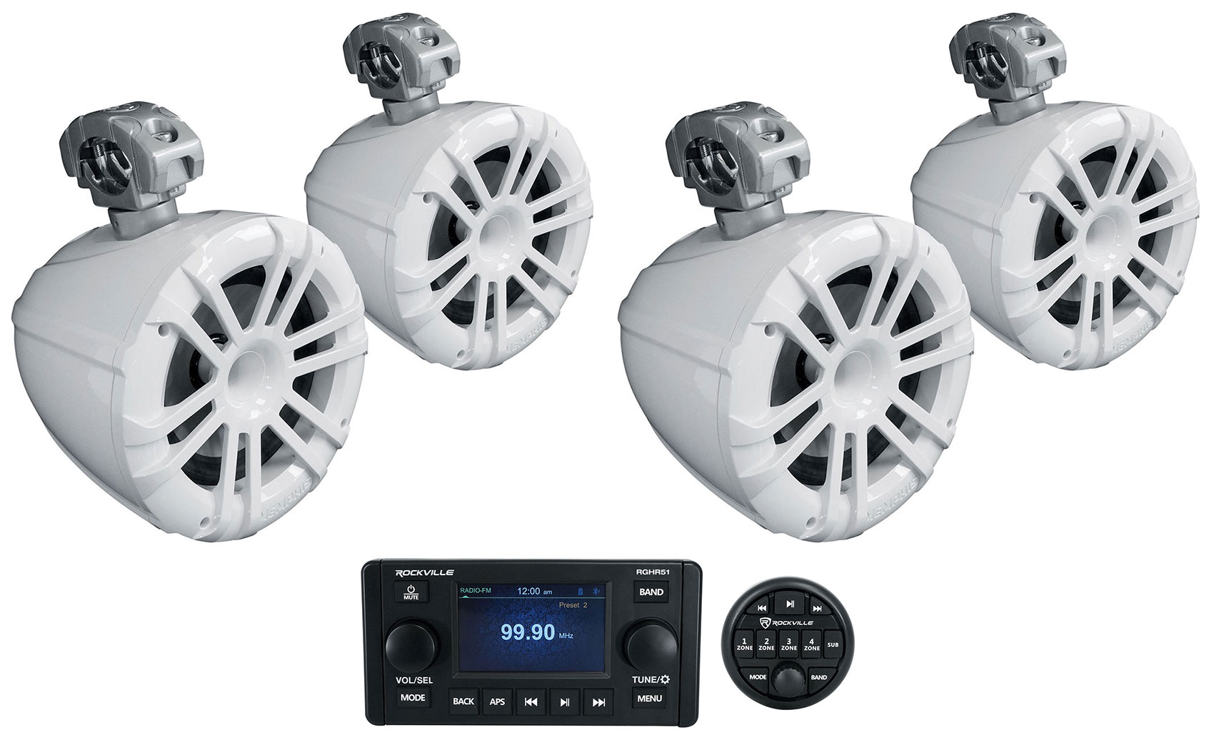 (4) Memphis MXA82TW White 8" Marine Wakeboard Tower Speakers+Single-Din Receiver
