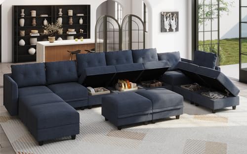 LLappuil Modular Sectional Sofa with Chaise, 8 Seater Reversible L Shaped U Shape Sectional Couch with Storage, Denim Blue
