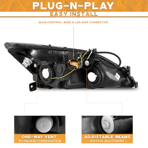 LED Headlight Assembly for 03 04 05 06 07 Honda Accord, for 2003-2007 Accord OE Headlamp with Sequential Turn Signal, Black Housing Clear ReflectorLeft+Right