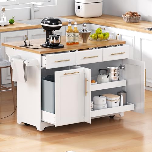60" Kitchen Island with Drop Leaf and Power Outlet, Rolling Kitchen Cart on Wheels with Trash Can Storage Cabinet, Spice Rack, Towel Rack and Adjustable Shelf for Dining Room