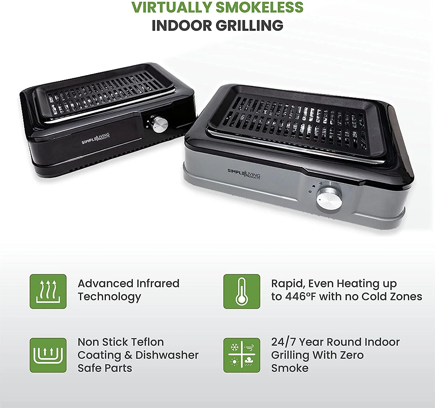 Simple Living Infrared Electric Indoor Smokeless Grill  Non Stick Ceramic 8x14" Grilling Surface  Consistent 446?F Temperature  BBQ Char Grilled Results with Virtually ZERO SMOKE