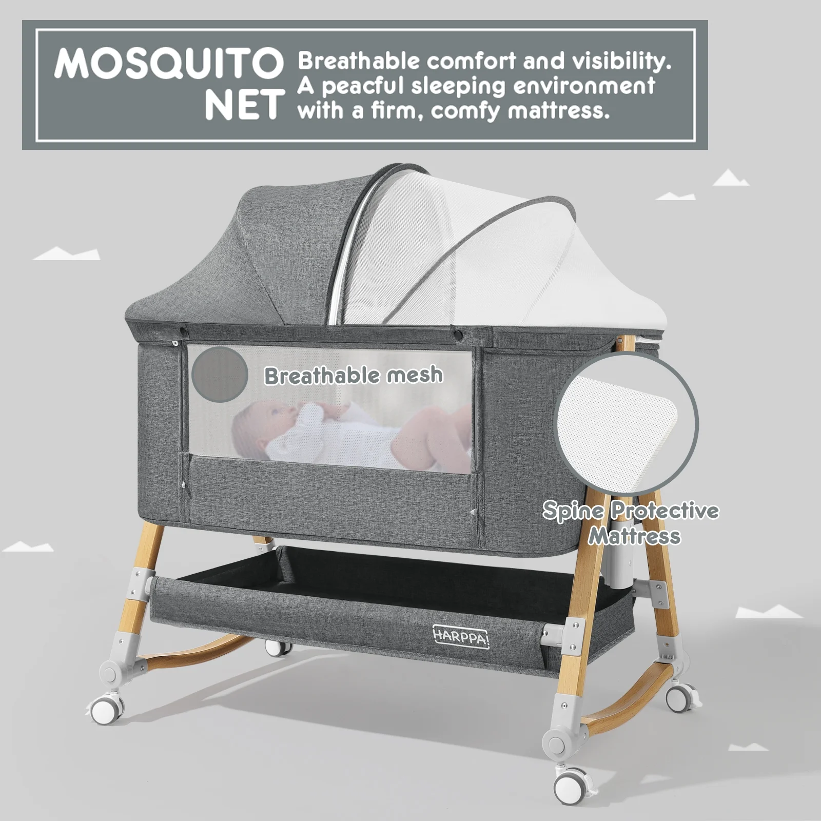 HARPPA 4 in 1 Baby Bassinet, Height Adjustable, Easy Folding, Gray