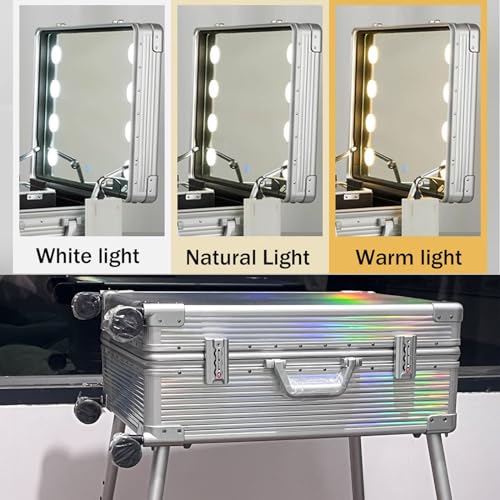 Rolling Makeup Train Case With Lighted Mirror, Make Up Cosmetic Orgainzer Box Travel Case, Professional Aluminum Trolley Salon Staion (Silver Stripe)