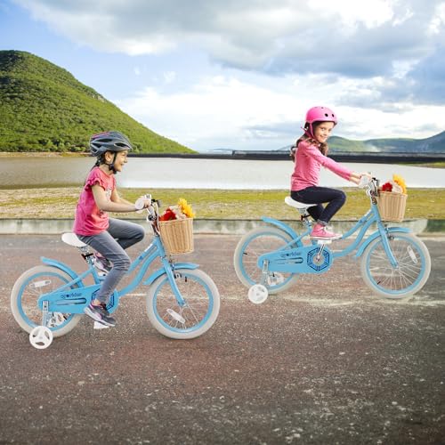 BABY JOY Kids Bike, 14 16 18 Inch Kids Bicycles for 3-8 Years Old Children with Training Wheels, Adjustable Height, Handbrake & Coaster Brake, Boys Girls Bike (Pink, Green, Blue)