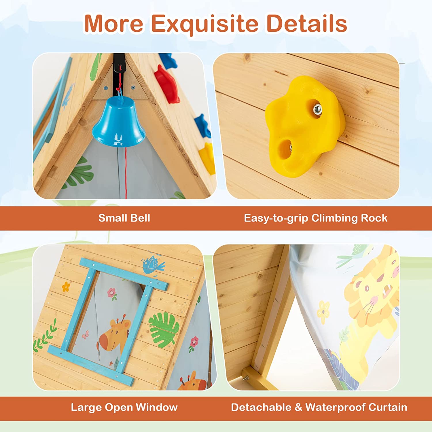 Triangle Climber with Tent, Kids Hideaway Play Tent & Rock Wall Climbing, Waterproof Tent Cover for Indoor Outdoor, Ring Bell, Wooden Climbing Triangle Crawling Tunnel Toy for Toddlers