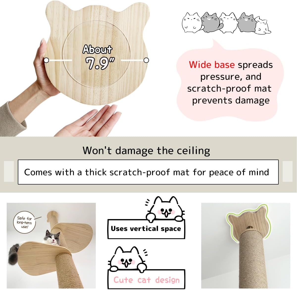 Cat Climbing Tower, Floor-to-Ceiling, Natural Sisal Rope Scratching Post, 93.7-101.1Inch, 101.2-108.6Inch, 108.7-115.4Inch