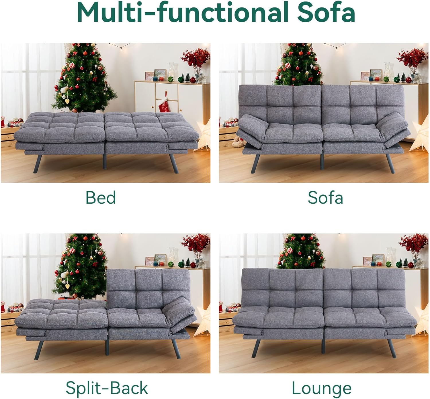 Convertible Futon Bed,Gray Memory Foam Sofa Loveseat Sofabed, Light Grey