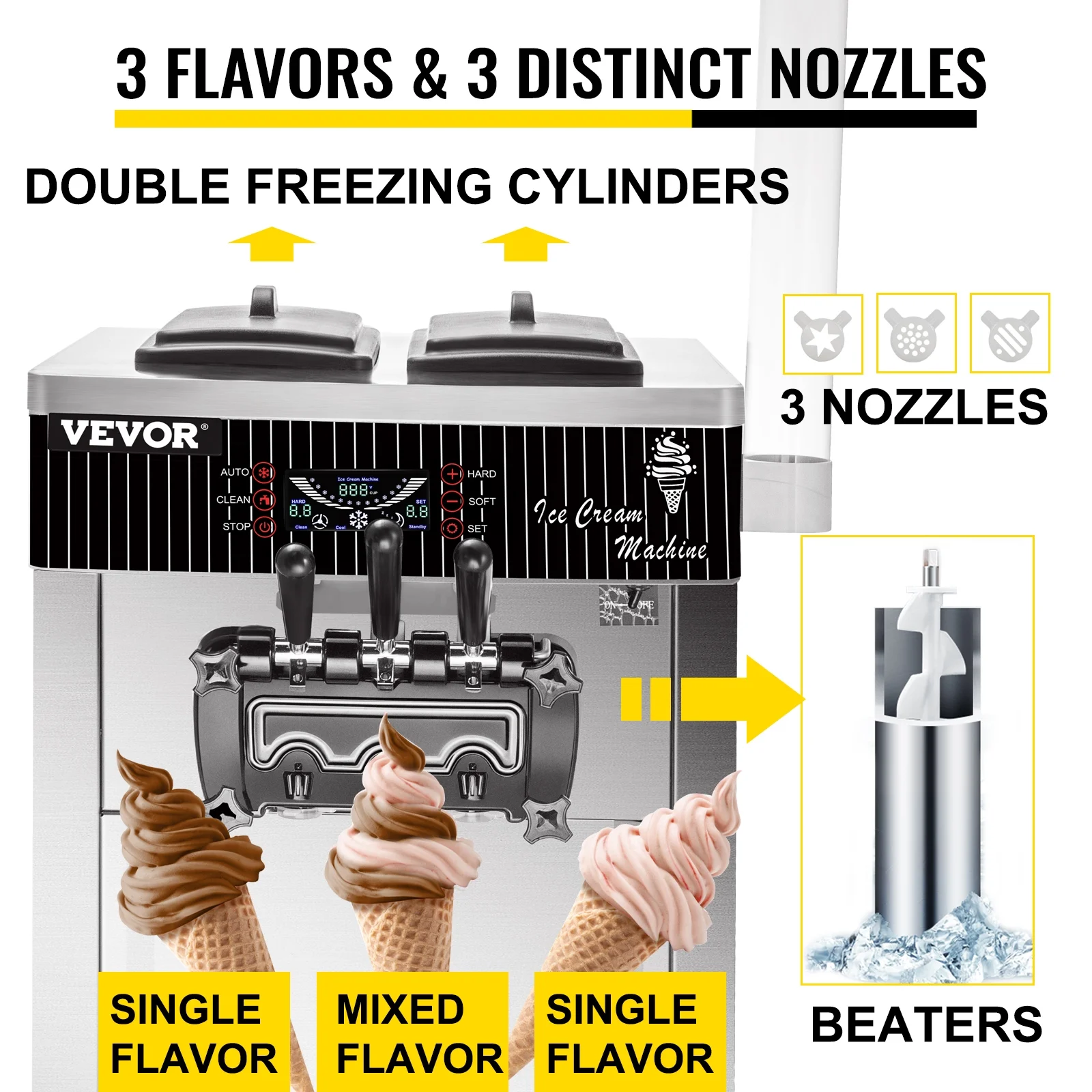 VEVOR Commercial Soft Serve Ice Cream Machine Frozen Yogurt Maker 29 qt /H 3 Flavor 2200W