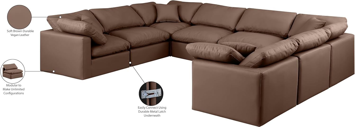 Meridian Furniture Indulge Collection Modern | Contemporary Sectional with Soft Durable Vegan Leather, Fiber-Filled Cushions, Modular, 140" W x 105" D x 32" H, Brown
