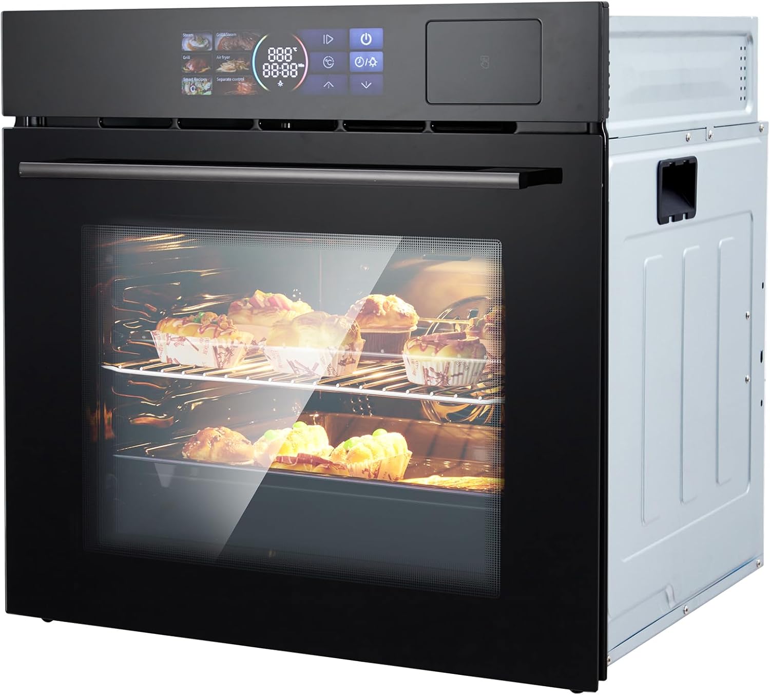 24" Built-in Electric Wall Oven, 2.5Cu.ft Capacity 3000W Single Wall Oven with Large View Window, Steam &Grill Oven 2 in1，8 Cooking Functions, 3D Surround Heating, Colorful LED Screen, Black
