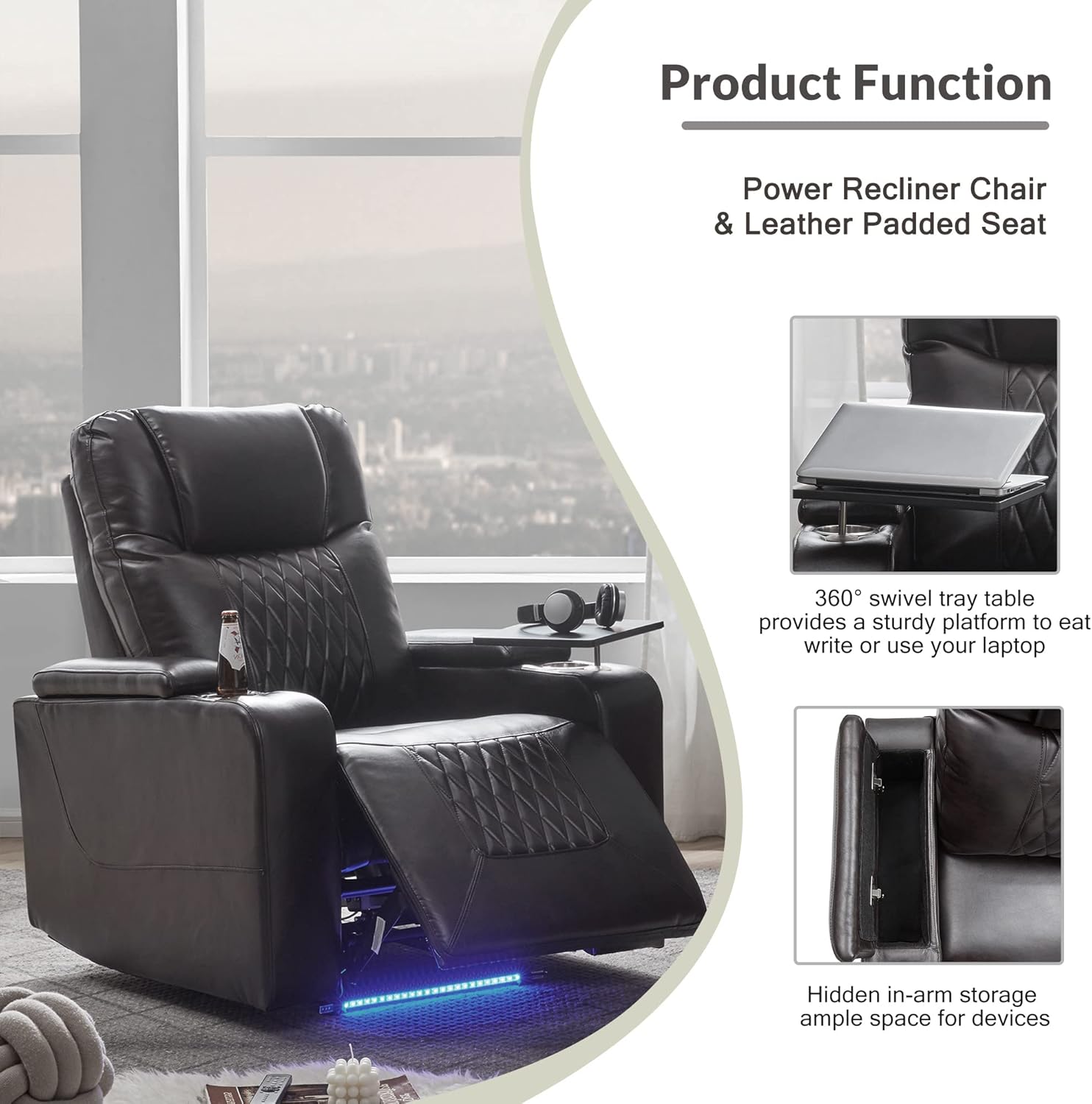 Power Recliner Chair with USB Port and Cup Holders, Home Theater Seating Reclining Chair Electric Recliners with Swivel Tray Table & Hidden Arm Storage for Living Room Bedroom