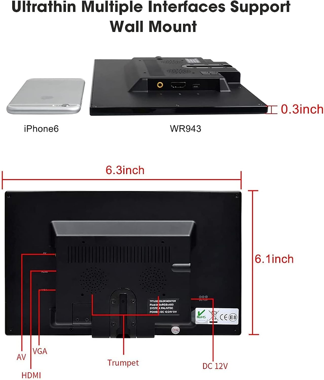 Topiacam 10.1 Inch Ultra-Thin Security CCTV Computer Monitor 1024x600 Resolution Touch Buttons Video and Audio LED Color Display Screen AV/VGA/HDMI Input with Remote Control