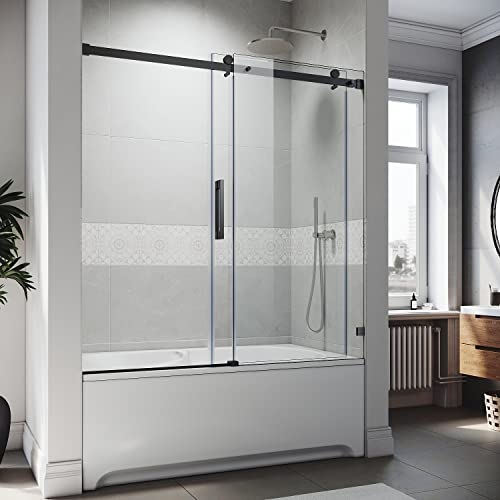 SUNNY SHOWER Frameless Sliding Tub Door 58.5-60" W X 62" H Bathtub Door with 5/16" Clear Glass Sliding Shower Enclosure with Tempered Glass Door Matte Black