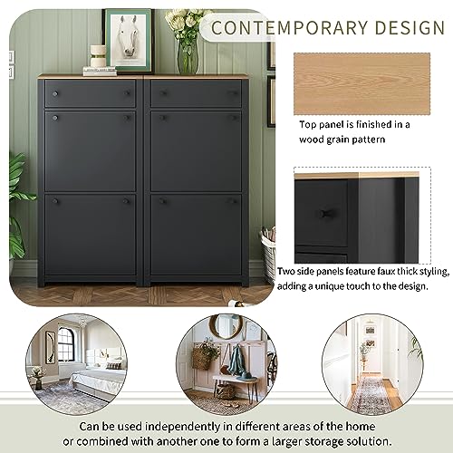 Shoe Cabinet with 2 Flip Drawers Modern Slim Hidden Shoe Storage Organizer Narrow Shoe Storage Cabinet Freestanding Shoe Rack Cabinet with Adjustable Panel for Entryway, Hallway, Living Room