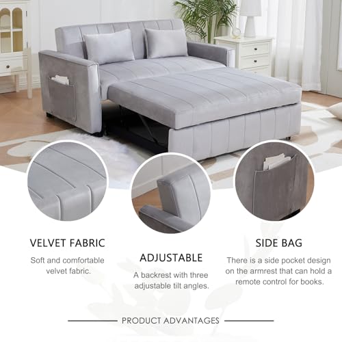 Convertible Sleeper Sofa Bed, 55.51" Modern Velvet 3-in-1 Futon Couch, Pullout Bed with Adjustable Backrest, Storage Pockets and Toss Pillows for Living Room, Bedroom (Black)