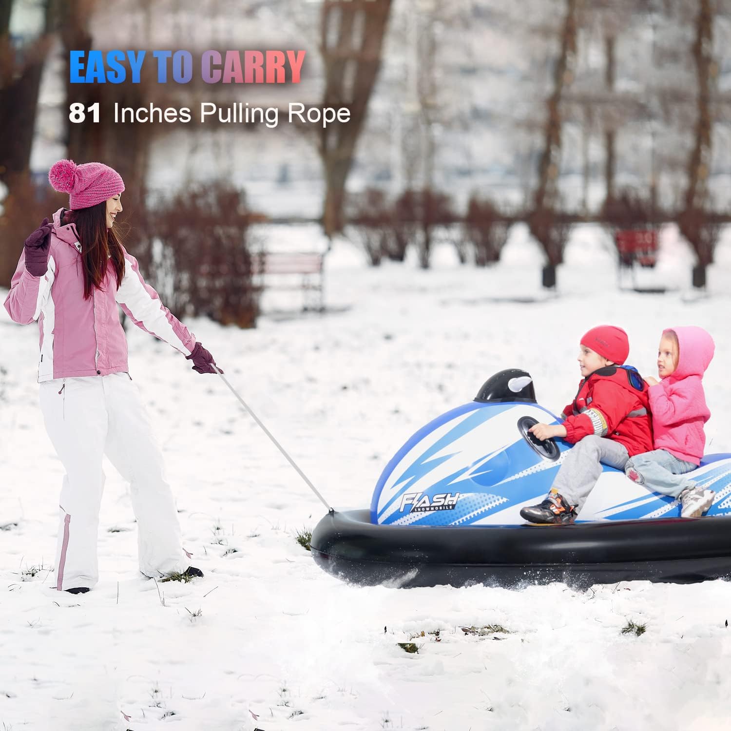LIFECHOIC Snow Sled for Kids and Adults, 75" Giant Inflatable Snowmobile 2 Pack, Snow Tubes Heavy Duty with Reinforced Base, Side Handles and Rope, Winter Sledding Outdoor Play