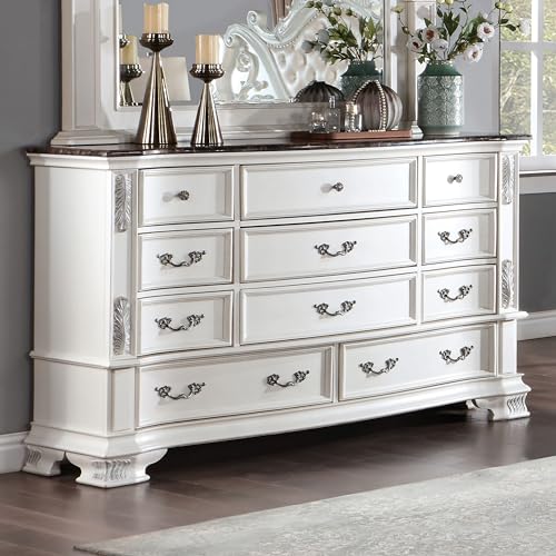 Furniture of America Clairibel Wood 5-Piece Bedroom Set, King-Size Bed with Button-Tufted Headboard, Marble Top Nightstand and Dresser & Dovetail Drawers, Box Spring Required, Pearl White