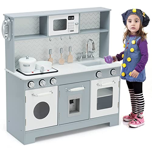 HONEY JOY Kids Kitchen Playset, Wooden Little Chef Pretend Play Toy Kitchen Set, Range Hood & Microwave with Lights, Water Dispenser, Fabric Drawer, Play Kitchen for Toddler Boys Girls, Coffee
