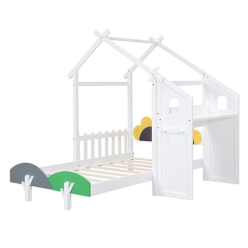 House-Shaped Twin Size Platform Bed with Windmill and Flower Decor, Solid Wood House Bed Kids Bed with Desk and 2 Handles for Girls Boys, Strong Sturdy Slats Support (at-White)