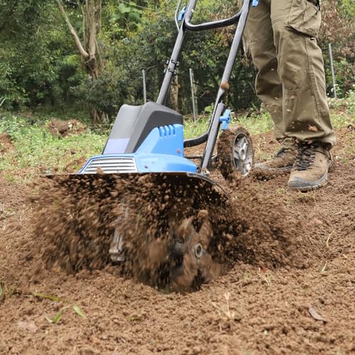 Electric Tiller Cultivator 16 inch, 13.5 Amp 6 Steel Tines Corded Tiller for Gardening with Foldable Handle, Garden Rototiller with Adjustble Wheels, Blue